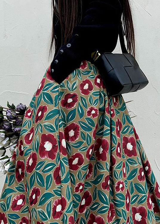 Red Print High Waist Pockets Patchwork Cotton Maxi Skirts Fall