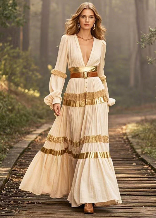 French Beige Deep-v Neck Patchwork Cinched Dresses Lantern Sleeve