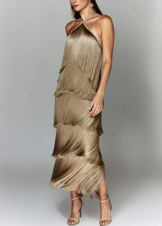 Stylish Brown Tasseled Backless Silk Halter Dress Summer