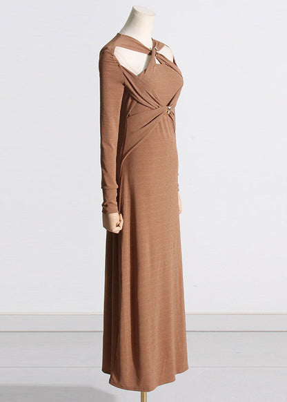 Unique Brown Hollow Out Patchwork Cotton Long Dress Fall