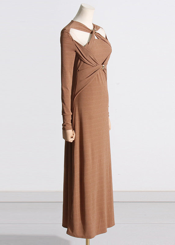 Unique Brown Hollow Out Patchwork Cotton Long Dress Fall