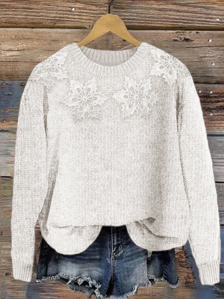 Classy Snowflakes Yoke Crochet Cozy Knit Sweater artswardrobe