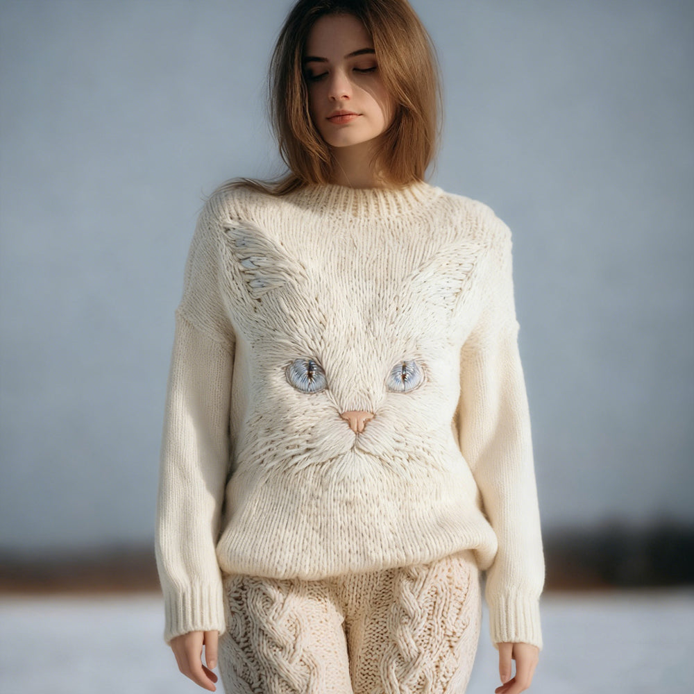 Comstylish Cute Cat Face Embroidered Round Neck Cozy Knit Sweater