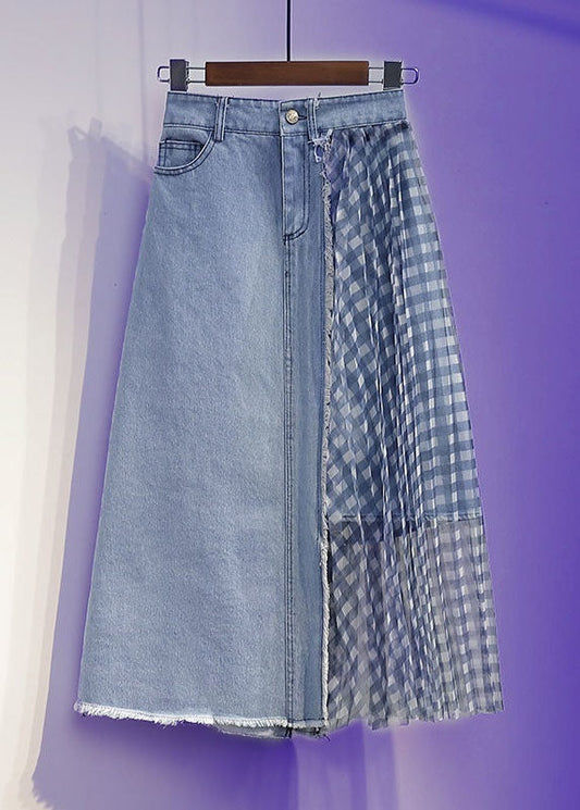 Blue Wrinkled Tulle Patchwork Denim Skirts Spring