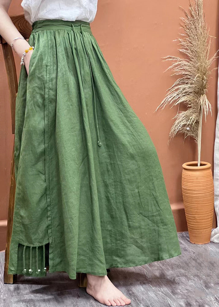 Blue Elastic Waist Drawstring Tassel Pockets Linen Skirts Spring