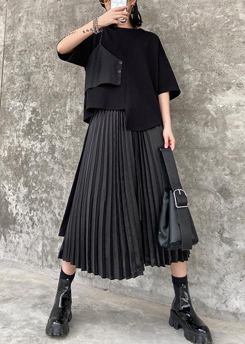 Pleated Skirt High Waist A-line Black Stitching Elastic Waist Skirt Female Summer