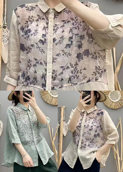 Lake Blue Patchwork Linen Tops Print Half Sleeve