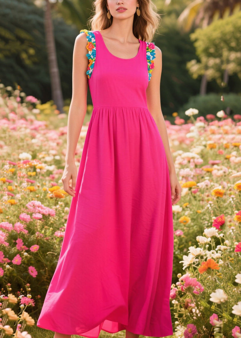 Rose U Neck Patchwork Cotton Long Dress Sleeveless