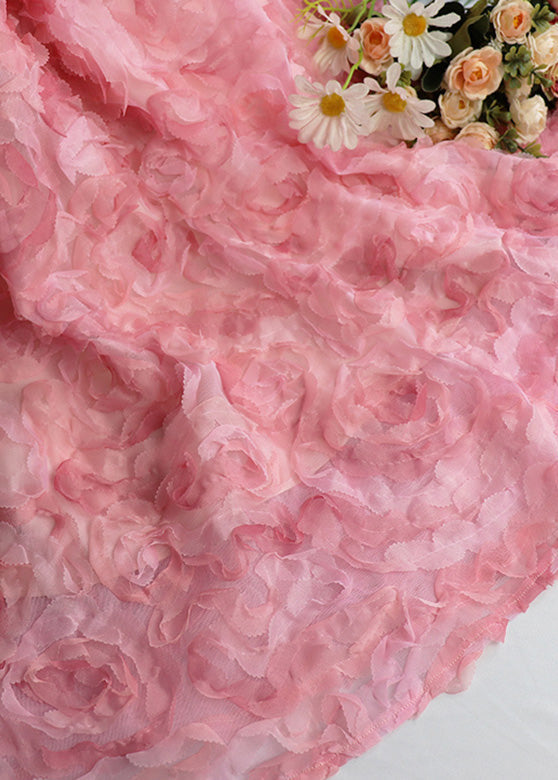 Gradient Color Pink Rose Embroideried High Waist Tulle Maxi Skirt Spring