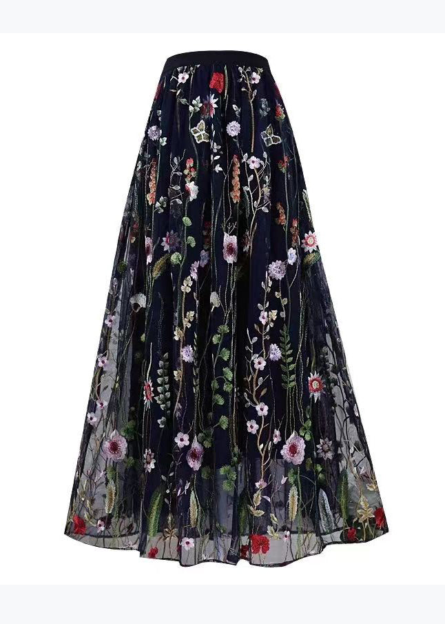 Black Embroidered High Waist Tulle Skirts Spring