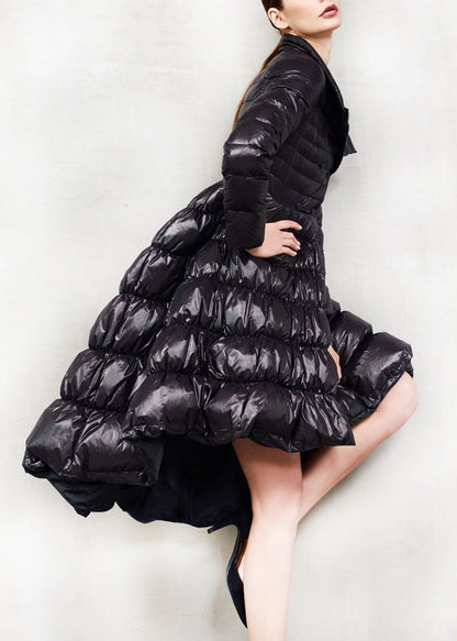 French Black Button Low High Design Cotton Blend Coat Long Sleeve
