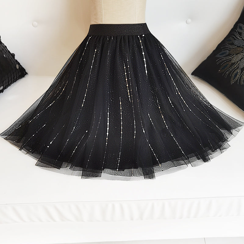 Black Sequins Tulle a Line Skirts Summer