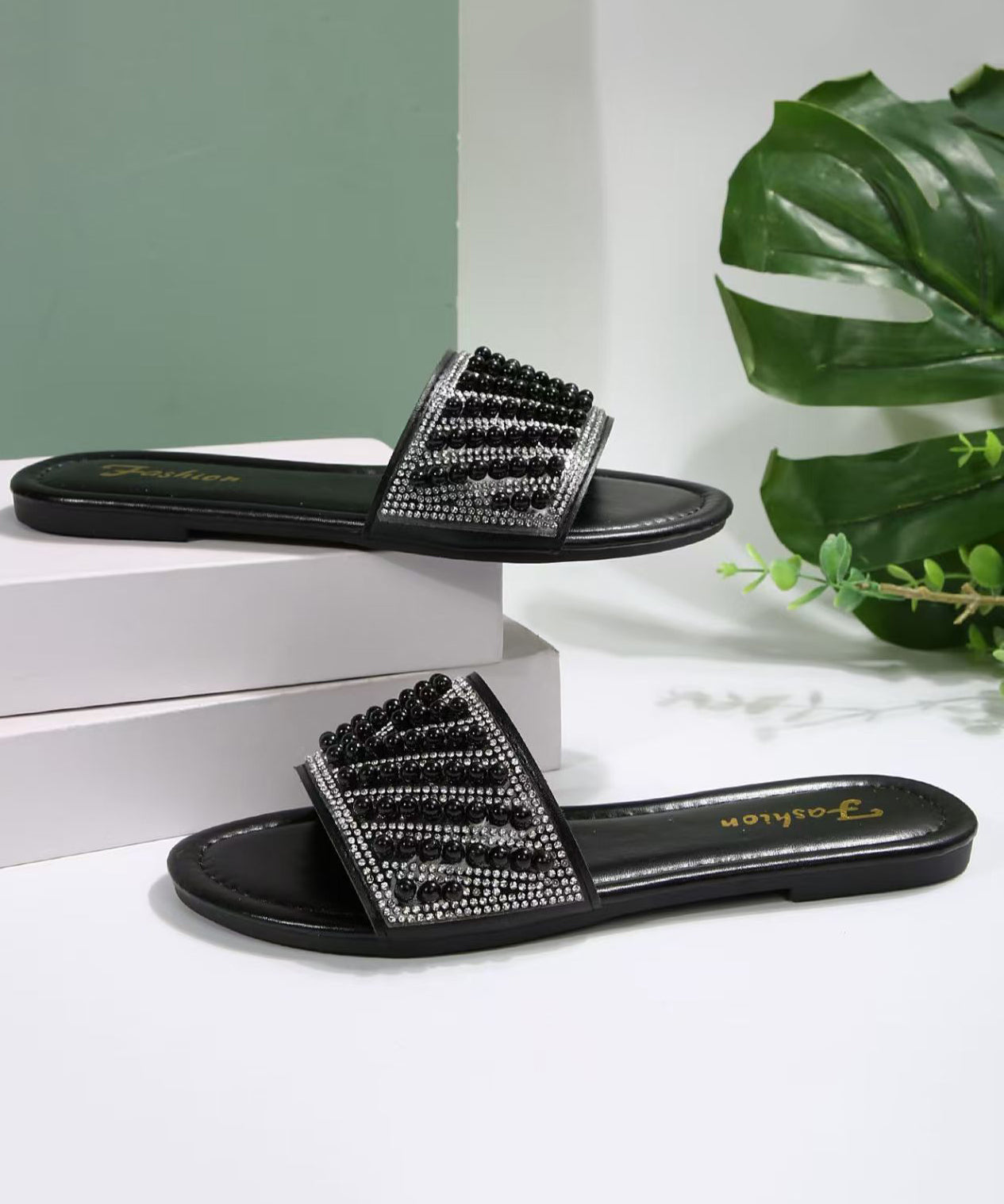 Zircon Splicing Black Faux Leather Slide Sandals