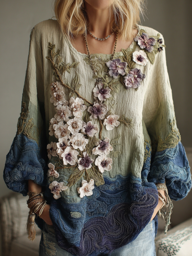 Classy Gradient Japanese Sakura Cherry Blossoms And Sea Wave Embroidered Pattern Linen Long Sleeve Shirt elevenforest
