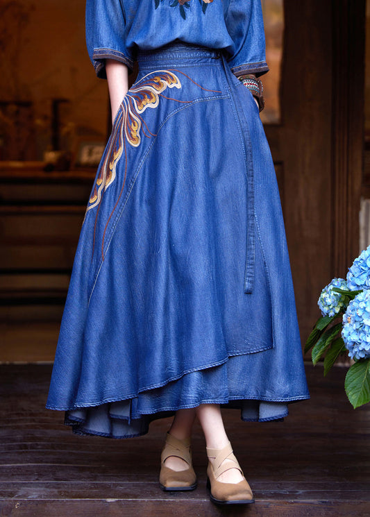 Classy Blue Print High Waist Silk Cotton a Line Denim Skirts Summer