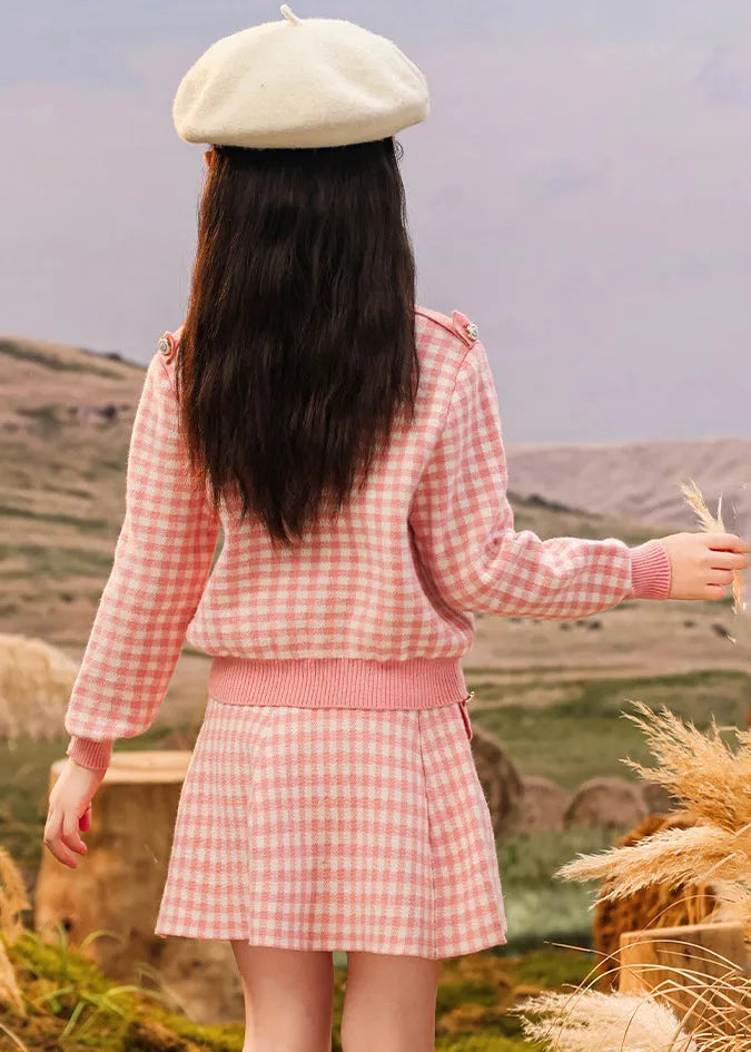 Stylish Pink O-neck Striped Kids Top and Skirts Two Piece Set Spring