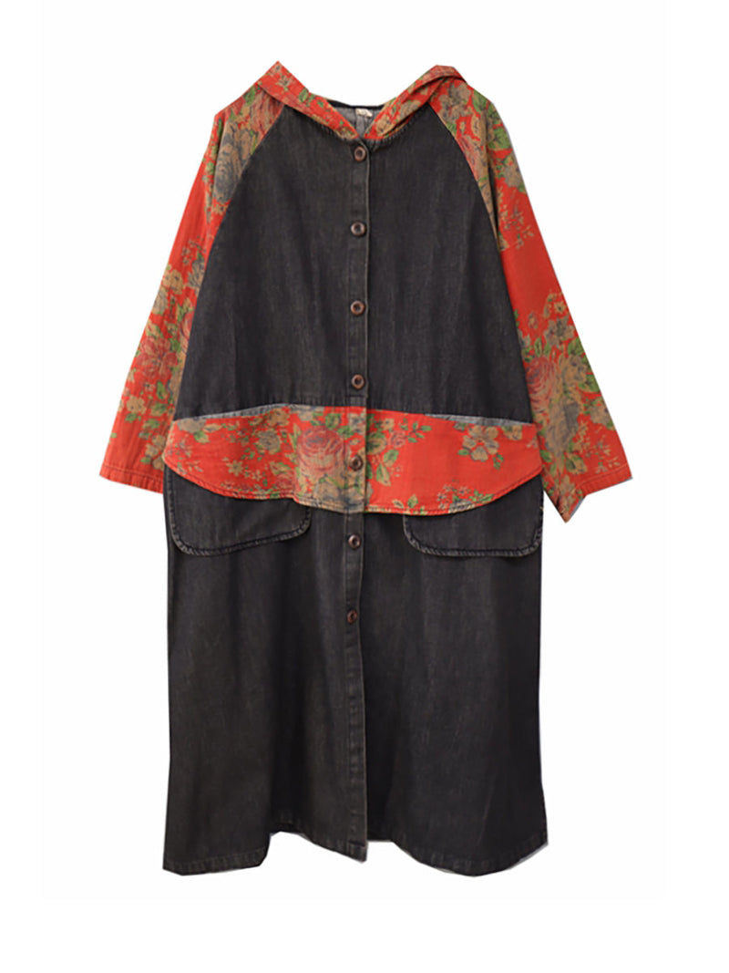 Denim Patchwork Print Hooded Long Coat