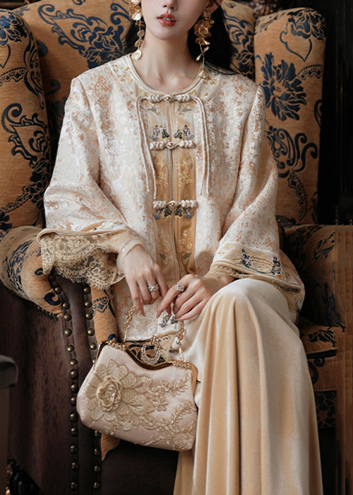 New Yellow Chinese Button Coat and Silk Velvet Skirts Two Pieces Set Spring
