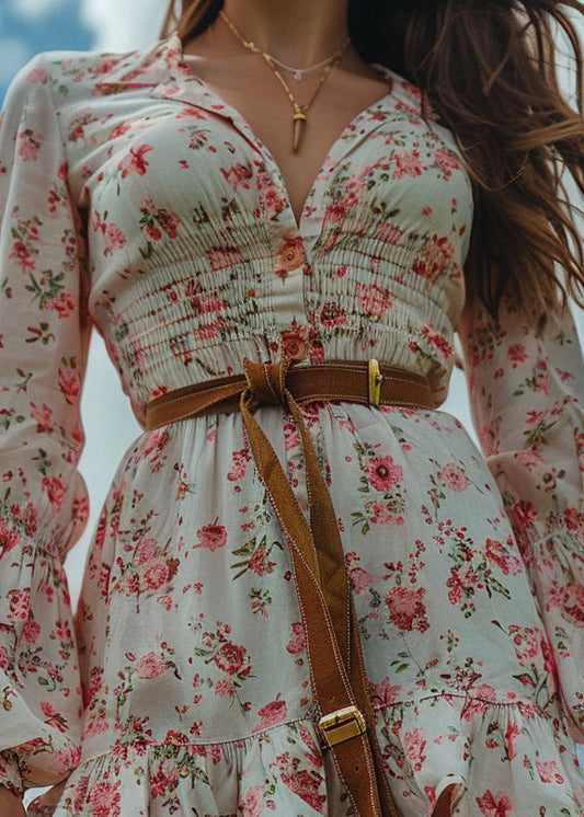 Pastoral Style Ruffled Print Cotton Mini Dress Long Sleeve
