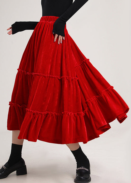 Red Ruffled Patchwork Silk Velour Skirt Spring