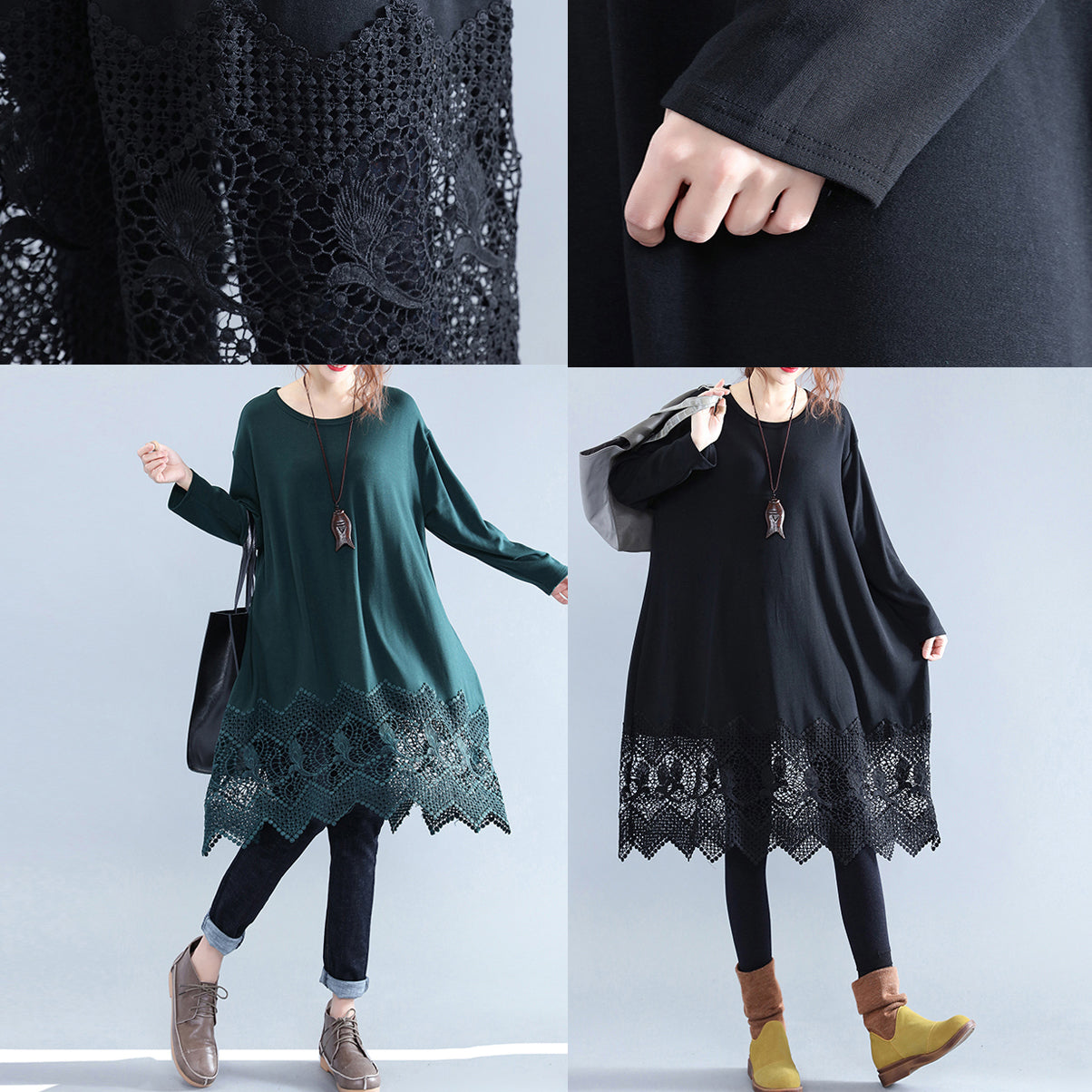 Fine Black Cotton Dresses Cotton Clothing Dresses Fine Lace Ruffles Long Sleeve Cotton Dresses