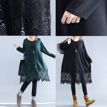 Fine Black Cotton Dresses Cotton Clothing Dresses Fine Lace Ruffles Long Sleeve Cotton Dresses