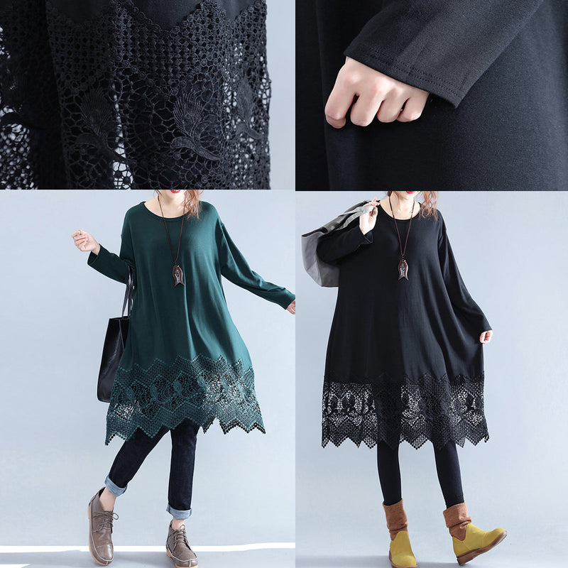 Fine Black Cotton Dresses Cotton Clothing Dresses Fine Lace Ruffles Long Sleeve Cotton Dresses
