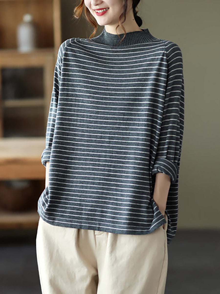 - Stripes Turtleneck Knitted Long Sleeve Sweater