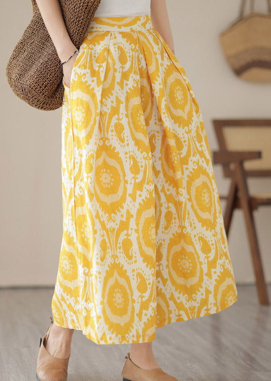 Yellow High Waist Pockets Print Crop Pants Skirt Summer