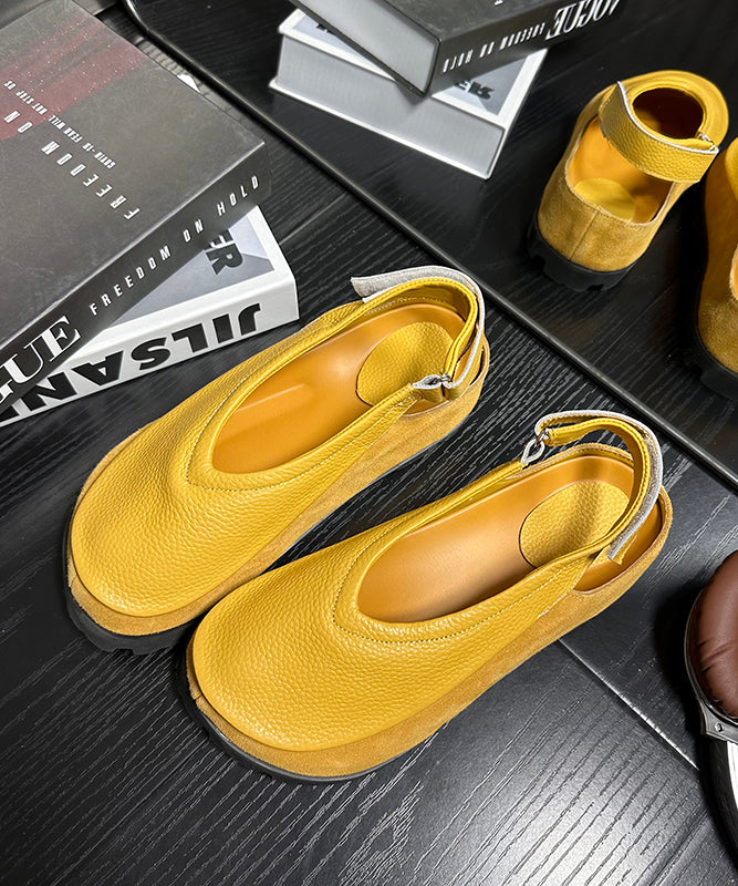Splicing Platform Flats Yellow Cowhide Leather
