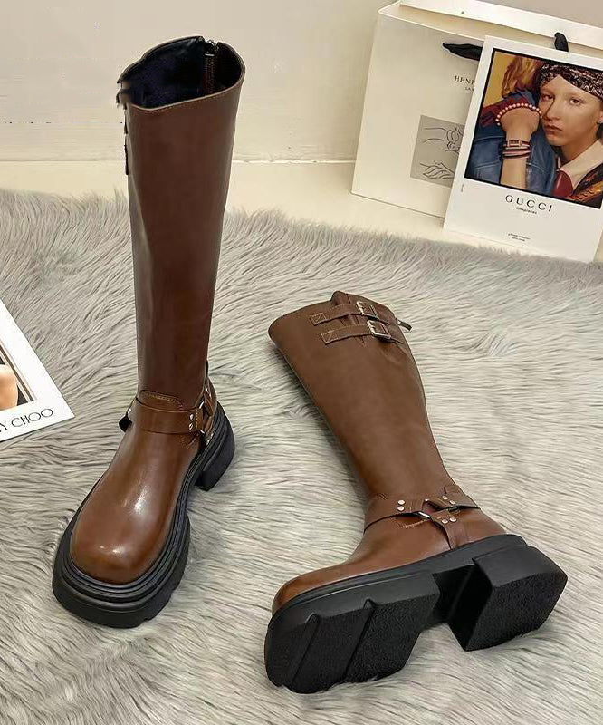 Brown Long Boots Platform Splicing