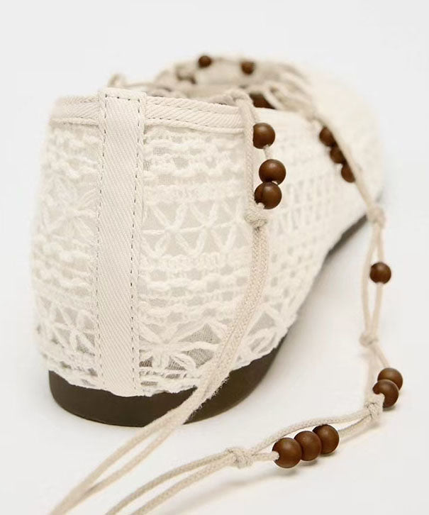 New White Knit Fabric Lace Up Hollow Out Flat Shoes