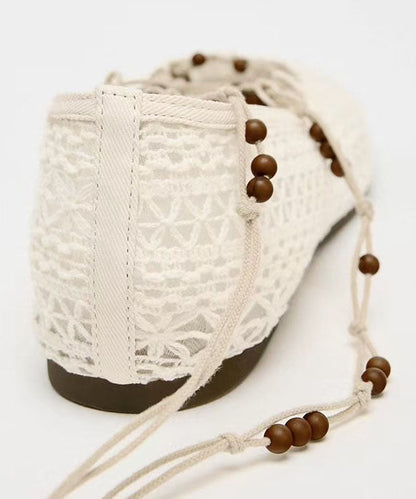 New White Knit Fabric Lace Up Hollow Out Flat Shoes