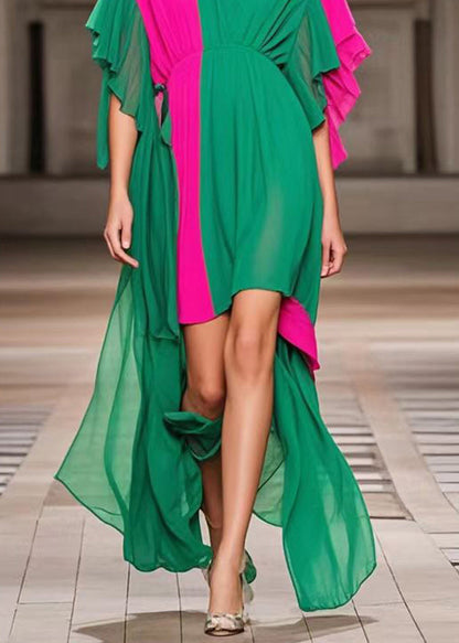 Green Asymmetrical Patchwork Chiffon Ankle Dress Summer