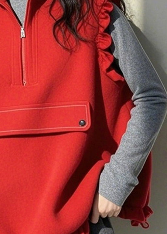Red Ruffled Zippered Patchwork Cotton Vest Top Sleeveless
