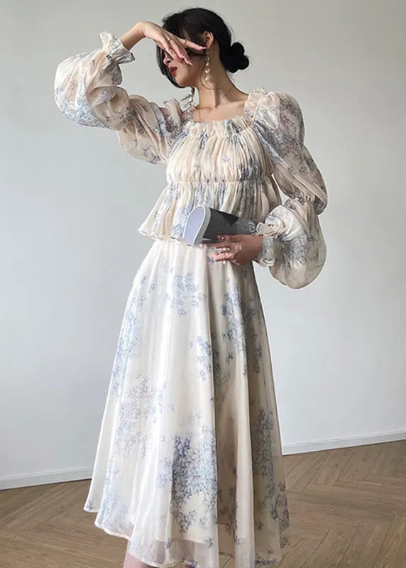 Square Collar Print Top and Skirts Two Pieces Set Fall