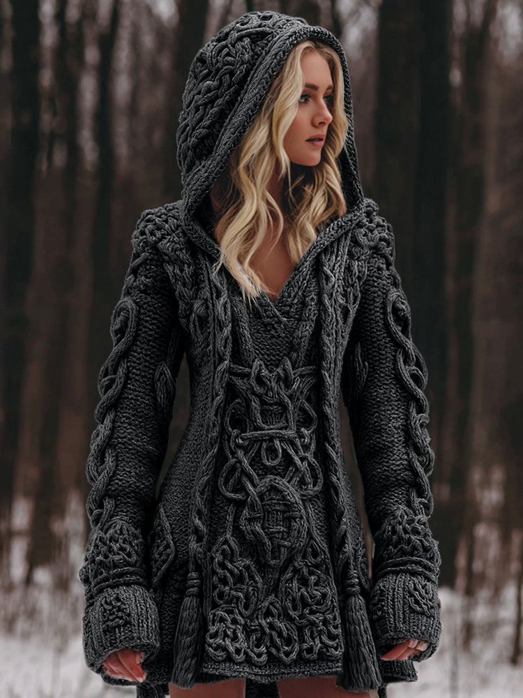 Women's Viking Celtic Knot Rune Knit Jacquard Warm Sweater Hooded Dress artswardrobe