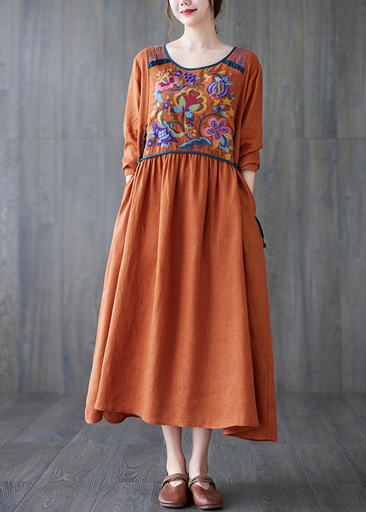 Orange O Neck Embroidered Patchwork Cotton Dress Spring