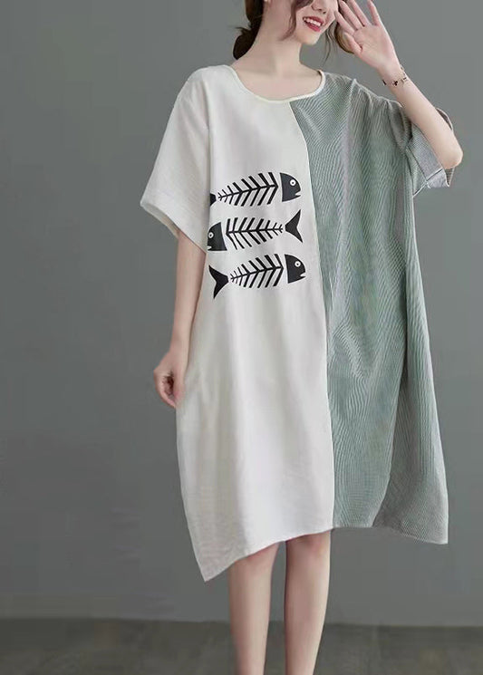 Boutique White O-neck Striped Patchwork Dress Short Sleeve