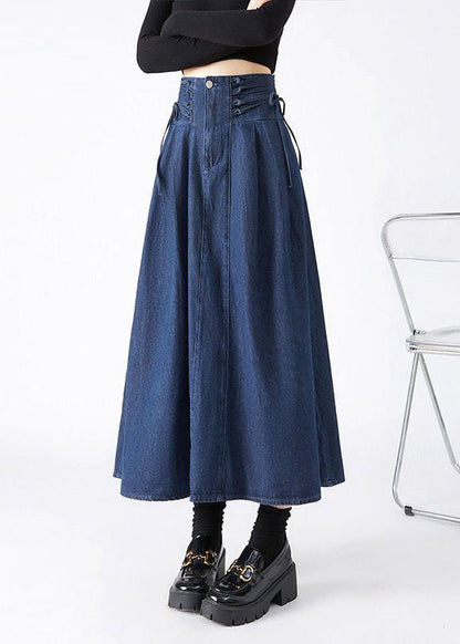 Navy Patchwork Tie Waist Denim Maxi Skirts Spring