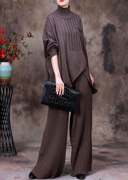 Dark Coffee Colour Asymmetrical Knit Sweaters and Pants Two Piece Set Fall
