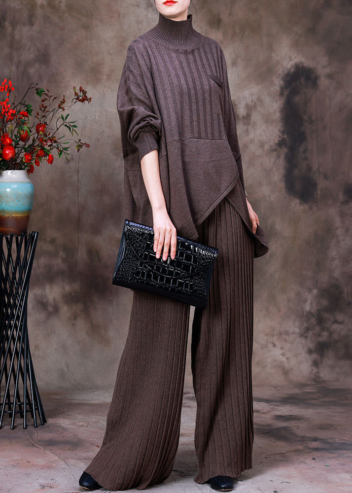 Dark Coffee Colour Asymmetrical Knit Sweaters and Pants Two Piece Set Fall