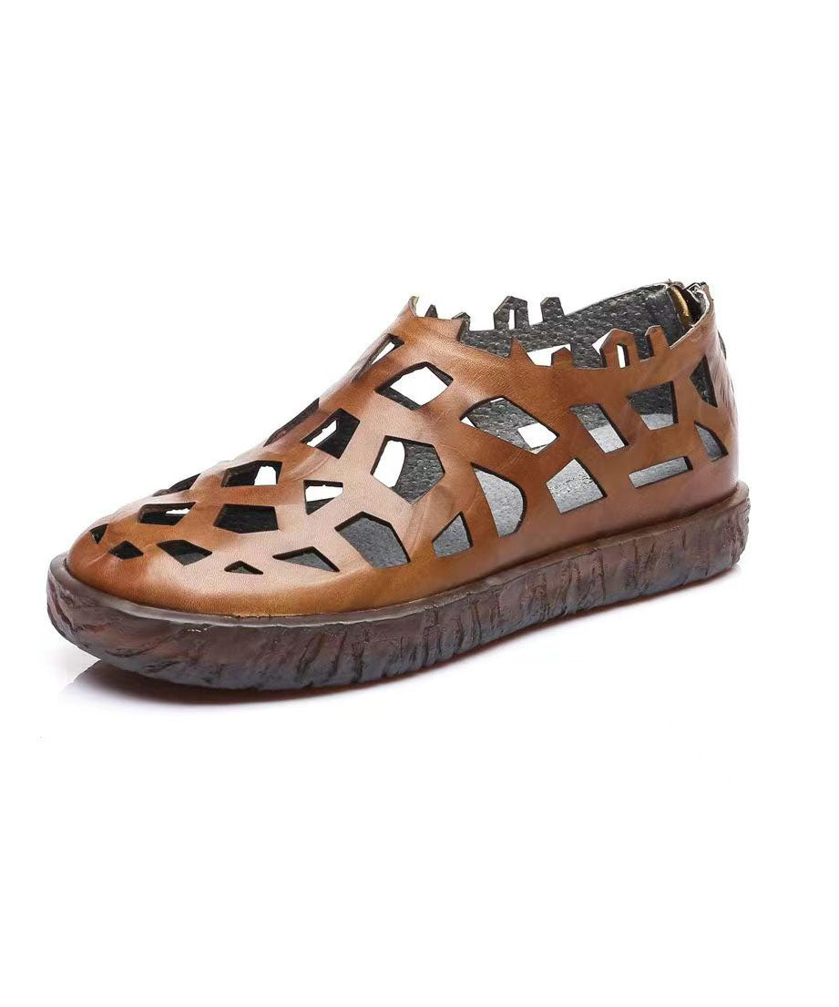 Splicing Hollow Out Flat Sandals Brown Cowhide Leather