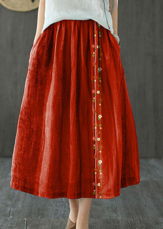 Style Red Flower Patchwork a Line Skirts Ramie