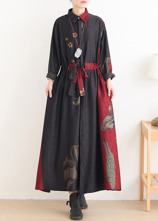 Loose Lapel Drawstring Tunic Pattern Catwalk Red Print Traveling Dresses
