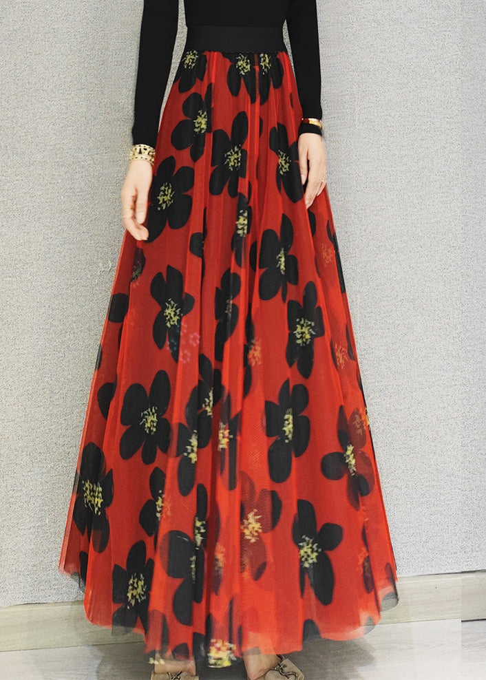 Red Elastic Waist Draping Tulle a Line Skirt Spring