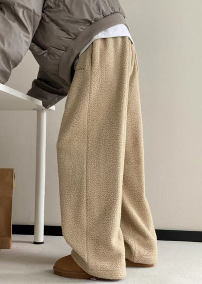 Khaki Pockets Elastic Waist Teddy Faux Fur Pants Winter
