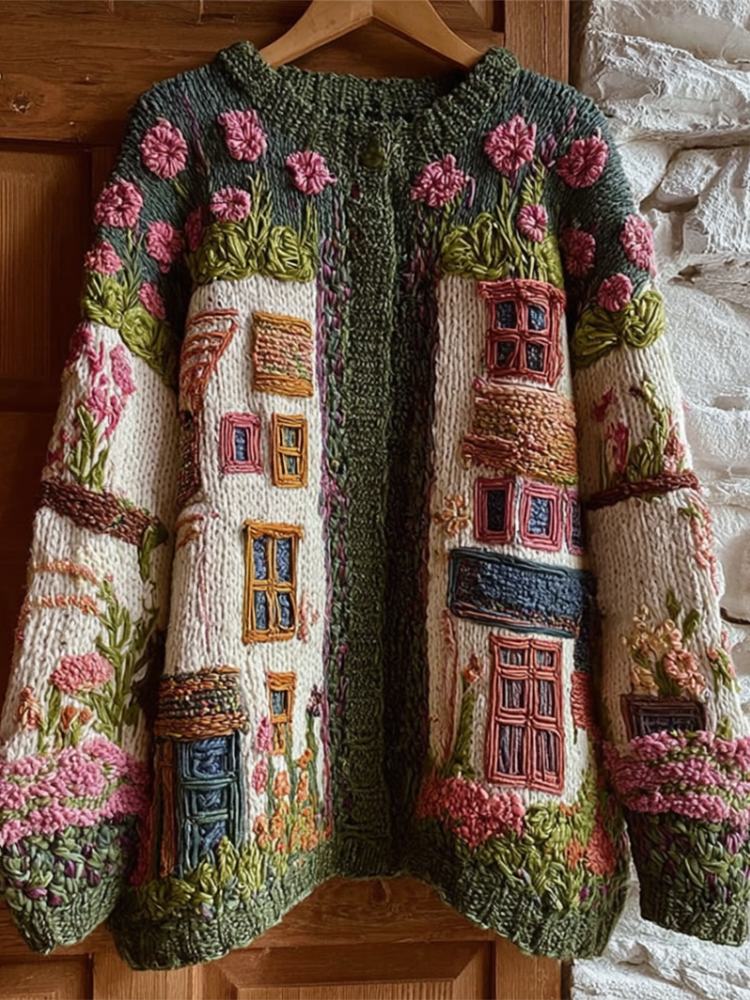 Bohemian Style Garden Pattern Design Women's Knitted Sweater Coat artswardrobe