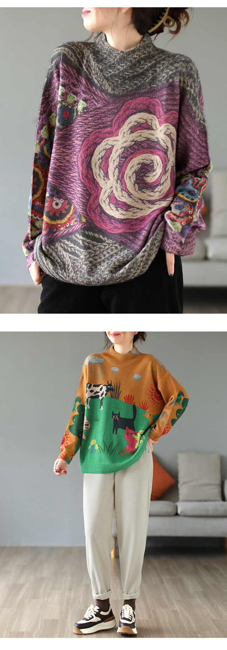 Artistic Retro Half Turtleneck Faux Mink Knitted Sweater