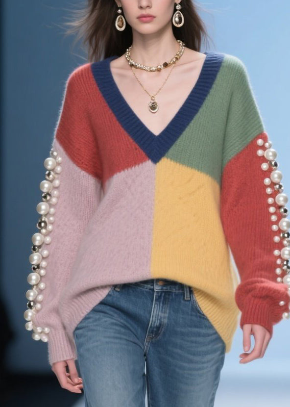 Original Colorblock V Neck Nail Bead Patchwork Knitted Sweaters Fall